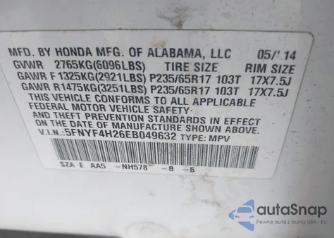 2014 Honda Pilot Lx from USA, damaged, VIN 5FNYF4H26EB049632